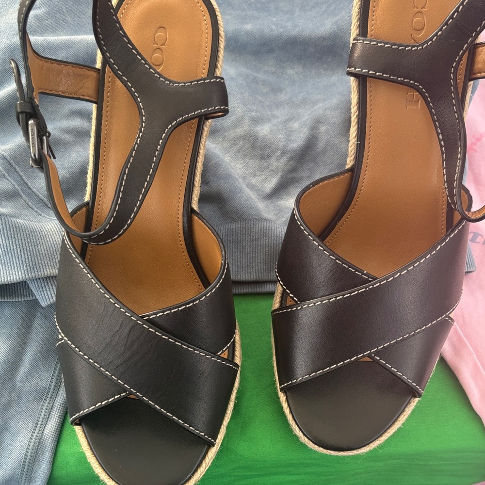 Coach Black Leather Wedge Espadrille Sandals